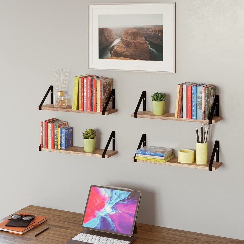 Wallniture Ponza Floating Shelves Wall Mounted Set of 4, Wall Shelves for Bedroom, Bathroom, Living Room, Kitchen, Natural Burnt Rustic Wood Board with Metal Floating Shelf Bracket - Image 5